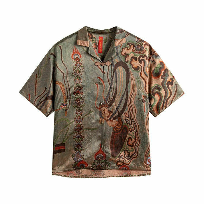 Dunhuang قميص بأكمام قصيرة للشباب والشابات ، الاتجاه الوطني ، قمم الرجعية ، عارضة ، جديدة ، على الطراز الصيني ،