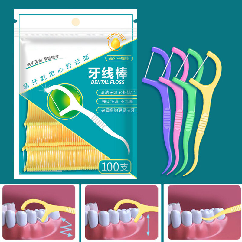النعناع نكهة خيط تنظيف الأسنان المصغرة مع مسواك ، خيط البوليمر للأسنان ، خط مسطح رفيع للغاية ، تنظيف الأسنان ، 100 قطعة
