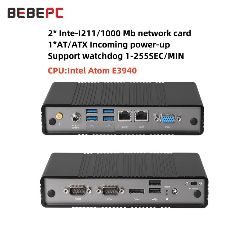 BEBEPC-جهاز كمبيوتر داخلي صغير بدون مروحة مع 2 Inter-I211 ، 1000mb إيثرنت LAN ، 2 RS232 COM ، Inter Atom E3940 ، وانخفاض الاستهلاك
