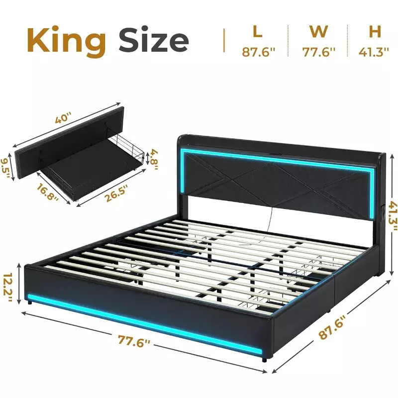 إطار سرير LED مع لوح تخزين ومحطة شحن ، منصة الملك المنجد ، كامل ، الملكة ، حجم الملك ، 4 أدراج