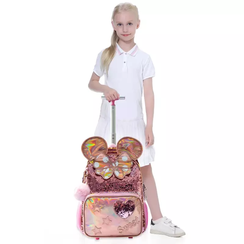 Bikab 3 قطعة الحقائب المدرسية للفتيات مع حقيبة بعجلات الترتر الكرتون لطيف 16 "أطفال الأمتعة Mochila عربة Mochila عربة