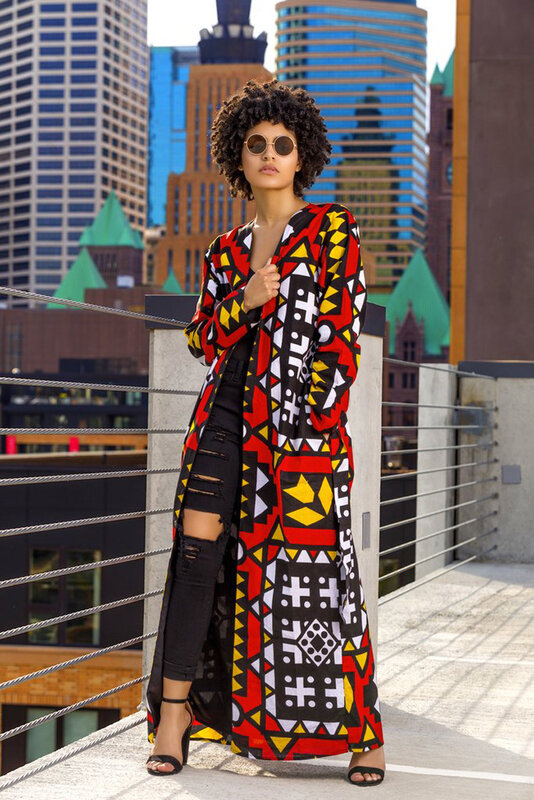 المرأة سترة طويلة موضة عادية مطبوعة معطف طويل (بما في ذلك حزام) السيدات معاطف وسترات الأفريقية هندسية طباعة سترة