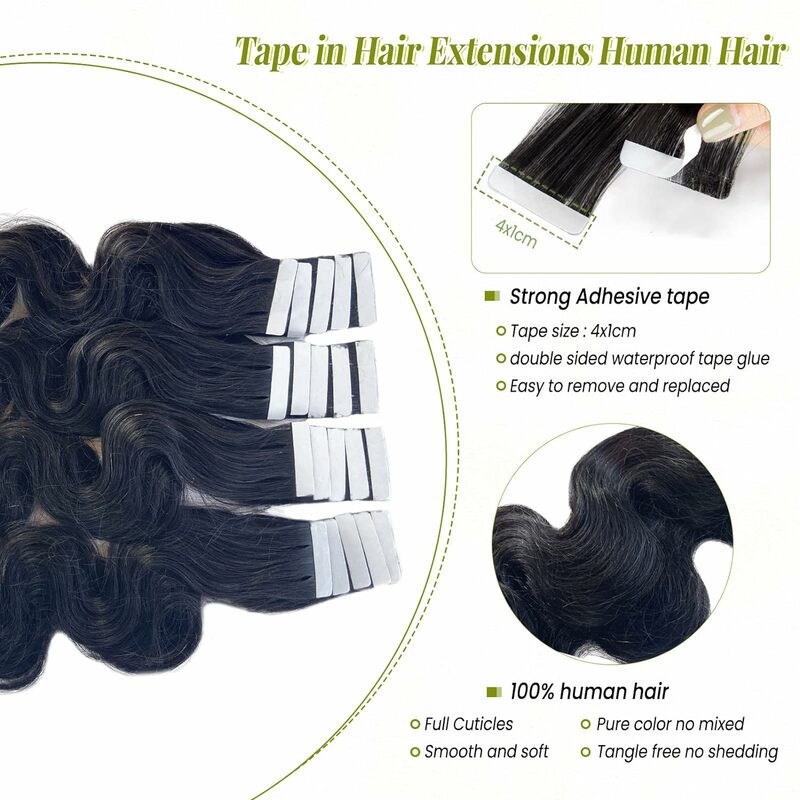 وصلات شعر سوداء طبيعية للنساء ذوات البشرة السمراء ، شعر بشريط ، شعر بشري حقيقي ، لحمة جلد للجسم ، 50 جم ، 20 دولارًا