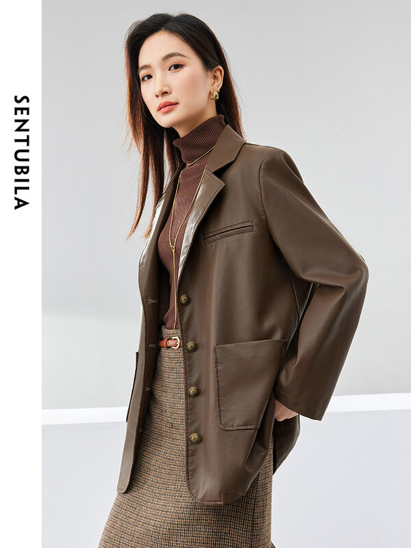 معطف جلد Sentubila-PU بجيوب كبيرة ، جاكيت مفجر بصف واحد ، معطف بسيط بطية صدر ، موضة عتيقة ، الربيع ، W41G52633 ،