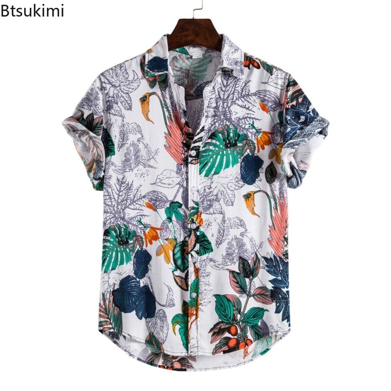 قميص هاواي للرجال بطبعة زهور ، بأكمام قصيرة ، بصف صدر واحد ، قمصان كاجوال بطية صدر ، ملابس الشارع للرجال ، أزياء الصيف ،
