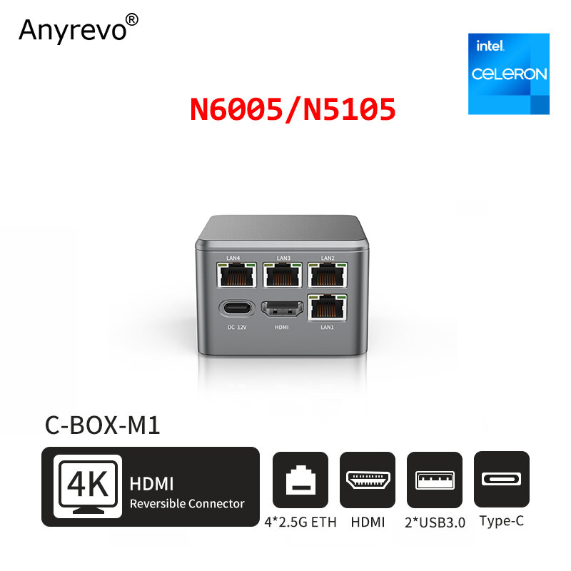 Anyrevo جيب 2.5G راوتر بنتيوم N6005 سيليرون N5105 4x إنتل i226-V جدار الحماية صندوق كمبيوتر صغير NVMe HDMI2.0 نوع C Proxmox OPNsense