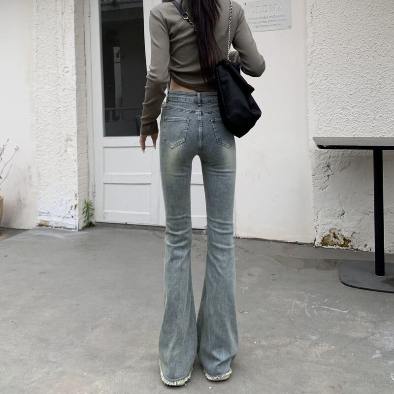 جينز نوستالجيا مع حافة خام للنساء ، بنطلون صغير ، تصميم قديم ، نحيف ، خصر عالي ، حدوة حصان ، مضيئة ، بنطلون طويل