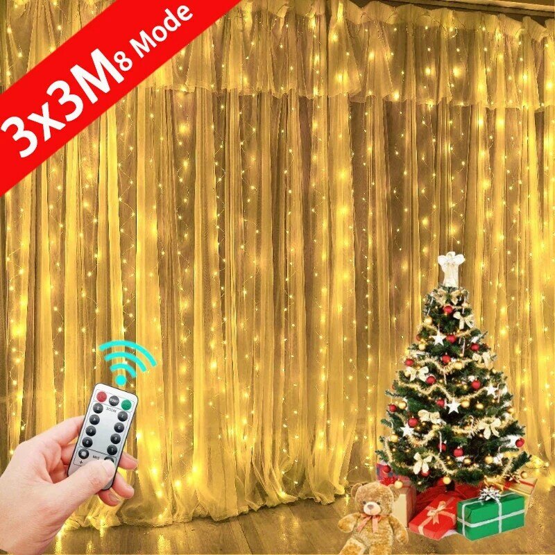 LED الستار جارلاند الجنية أضواء USB مع جهاز التحكم عن بعد 8 طرق السنة الجديدة جارلاند عيد الميلاد الديكور لغرفة النوم المنزل الطرف