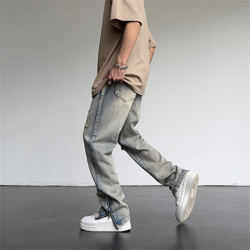 سراويل واسعة الساق 2022 ملابس الشارع الشهير جينز فضفاض جديد ربيع الخريف الرجال الجينز ممزق فضفاض مستقيم الذكور ماركة الملابس الأزرق
