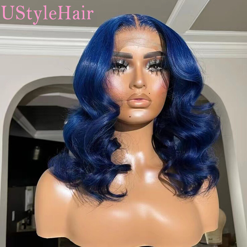 UStyleHair-شعر مستعار مموج باللون الأزرق الداكن للنساء ، شعر مستعار بدانتيل اصطناعي أمامي ، شعر مستعار قصير من الدانتيل بوب ، مقاوم للحرارة ، الاستخدام اليومي ، 12-24 بوصة