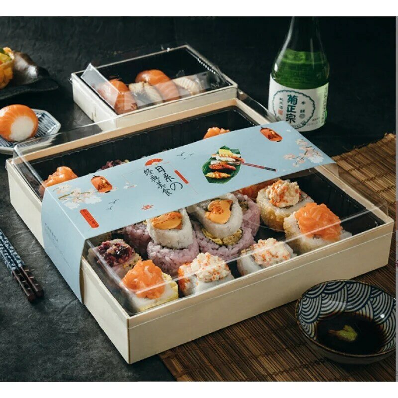 صندوق سوشي ياباني للتعبئة الخشبية مع شعار ، مخصص ، صديق للبيئة ، منتج مخصص