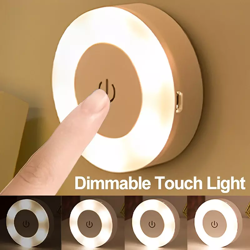 مصباح ليلي صغير LED يعمل باللمس بمستشعر USB قابل لإعادة الشحن يصلح للمطبخ وغرف النوم قاعدة مغناطيسية للحائط مصباح ليلي مستدير محمول يعتم