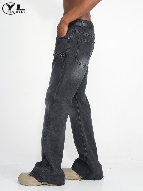 جينز أسود للرجال صغير القرن ، بنطلون جينز واسع الساق واسع مغسول ، تصميم سحّاب عتيق ، بنطلون مستقيم غير رسمي ، شارع مرتفع ، كوريا