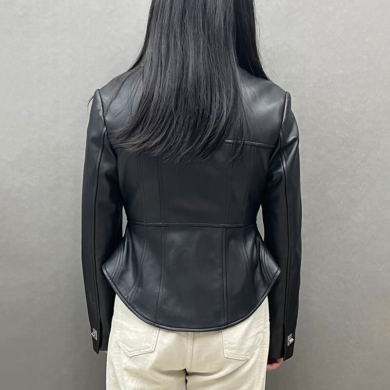جاكيت جلدي بتصميم جديد للسيدات بخصر باسك معطف من الجلد الطبيعي ملابس خروج للنساء GT5541