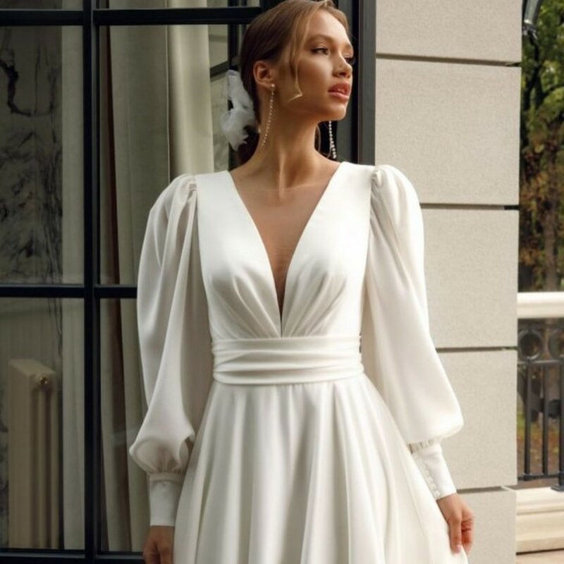 فستان زفاف شيفون أنيق للنساء ، رقبة V بسيطة ، أكمام طويلة منفوخة ، فساتين عروس بيضاء ، رداء حديث ، قطار كنس