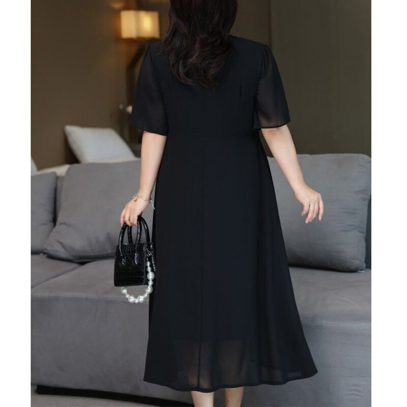 الموضة حجم كبير الملابس النسائية الشيفون فستان أسود الصيف الخامس الرقبة الجوف خارج المرقعة الدانتيل قصيرة الأكمام منتصف طول فساتين