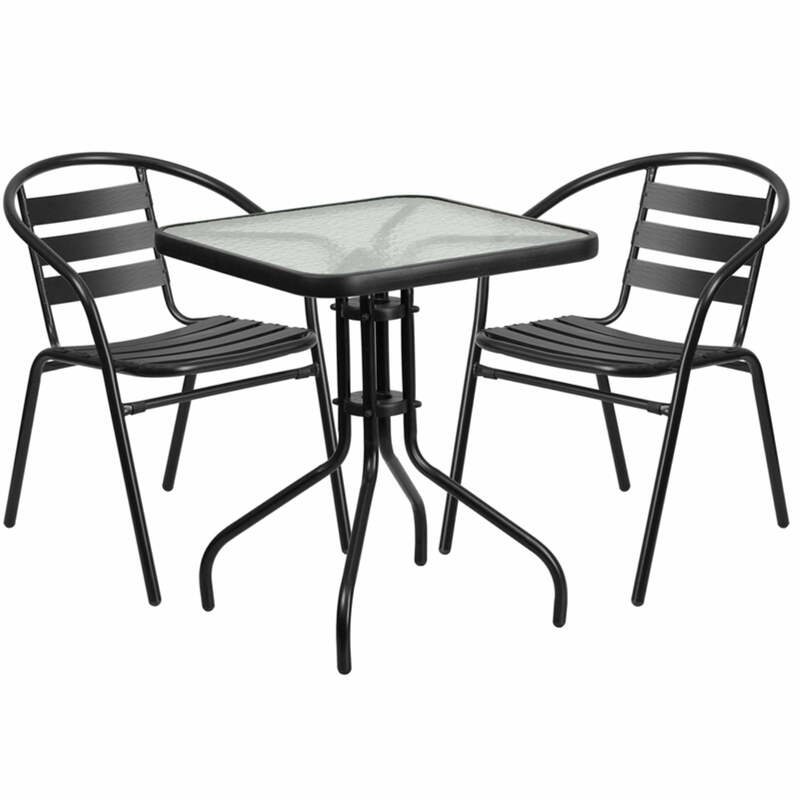 الحديث 23.5 ''مربع زجاج طاولة معدنية مع 2 أسود معدن الألومنيوم شريحة كومة الكراسي