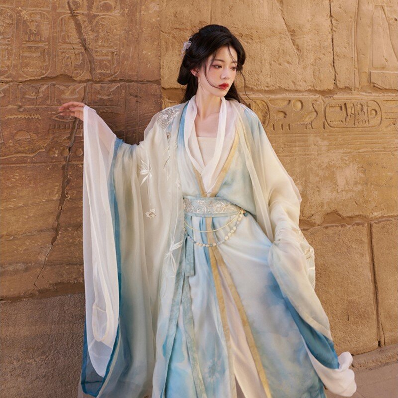 ملابس هان الصينية التقليدية ، قميص طويل ، بدلة طباعة رائعة بطبقة مزدوجة