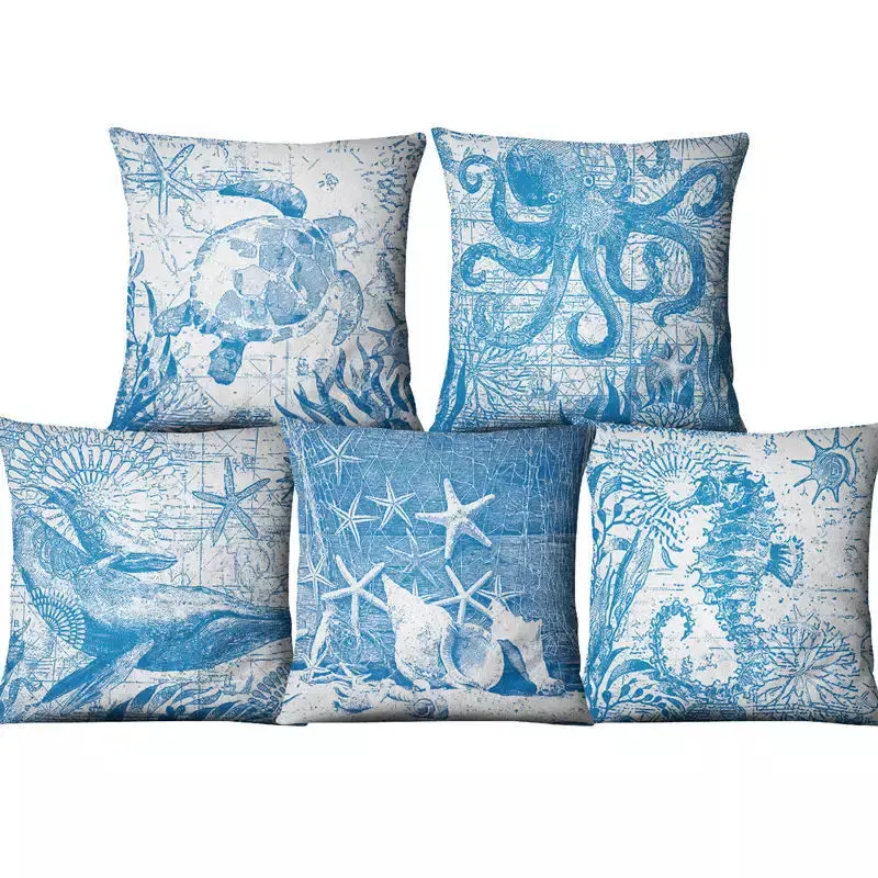 غطاء وسادة من الكتان لكرسي الأريكة والسيارة ، وسادة مطبوعة على حيوانات البحر ، وسادة زرقاء من المحيط ، جانب واحد