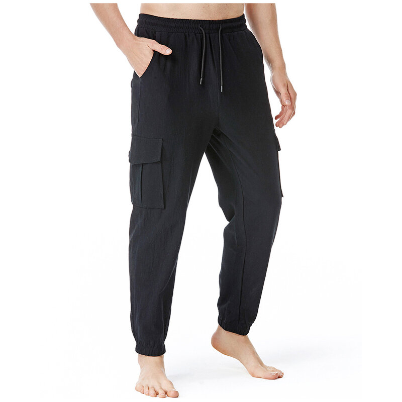 جديد الرجال Pants غير رسمية الصيف الكتان القطن بلون جيوب مستقيم بنطلون الذكور السببية Sweatpants السراويل المرنة