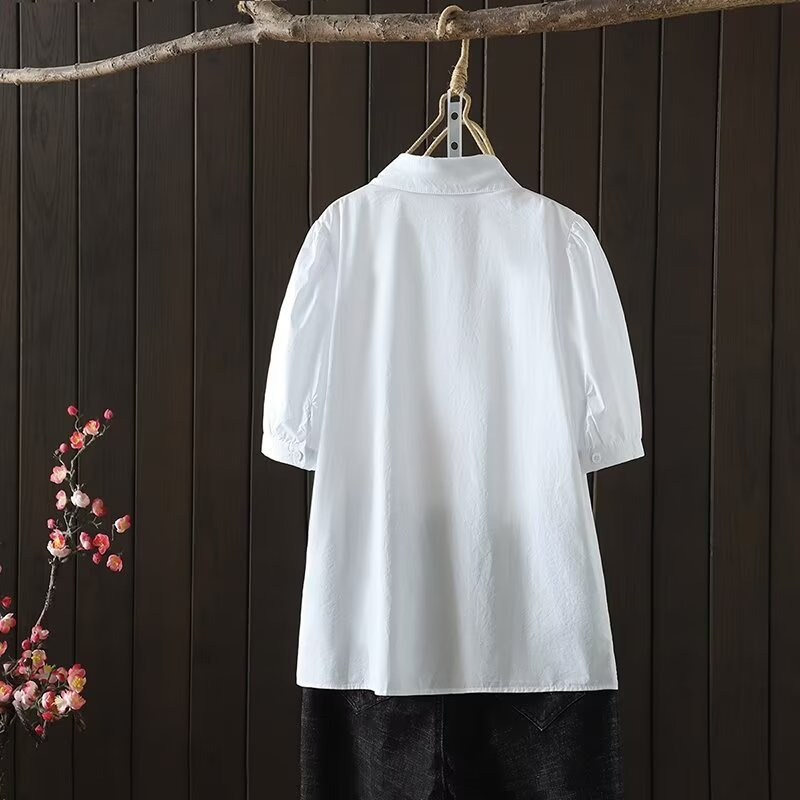 قمصان وبلوزات بيضاء للنساء ، ياقة صيفية مطوية ، أكمام قصيرة ، أزرار صينية ، قمصان أساسية للسيدات ، قمم قطنية