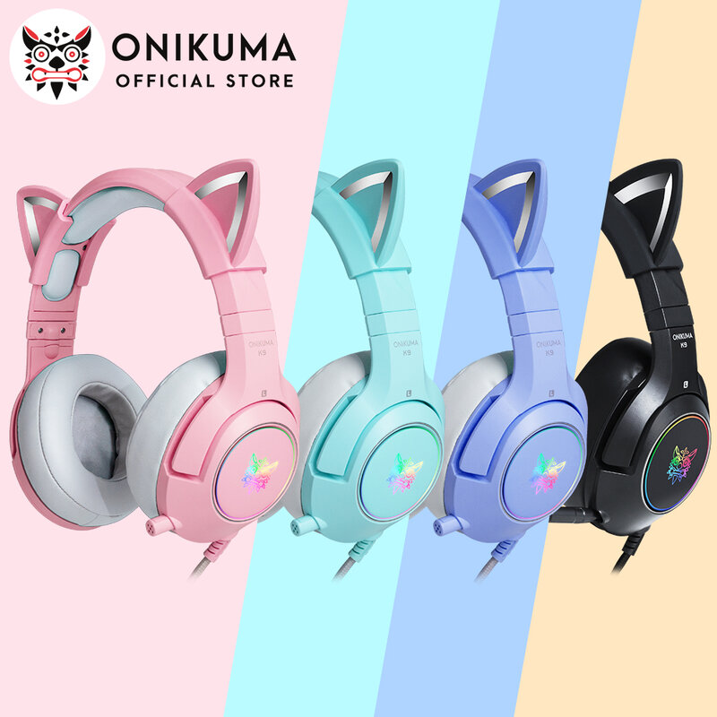 سماعة أذن من ONIKUMA موديل K9 باللون الوردي مع إضاءة LED RGB سماعة أذن مرنة بميكروفون للألعاب سماعات أذن محيطة بالكمبيوتر 7.1 لألعاب الكمبيوتر
