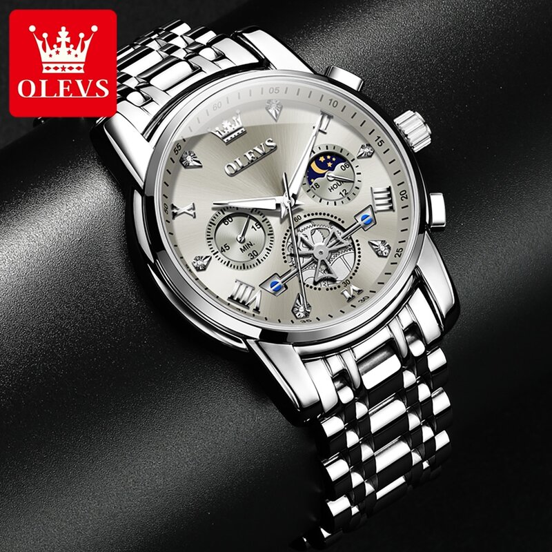 ساعة كوارتز كرونوغراف فاخرة للرجال من OLEVS ، من الفولاذ المقاوم للصدأ ، مقاومة للماء ، مضيئة ، توربيون ، علامة تجارية ، أزياء