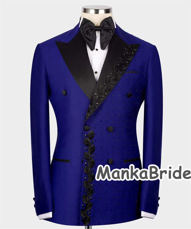بدلة سهرة رجالية فاخرة من العريس مرصعة بالكريستال ، سروال بلازر مزدوج الصدر ، بدلة رسمية للحفلات ، أزرق ، أسود