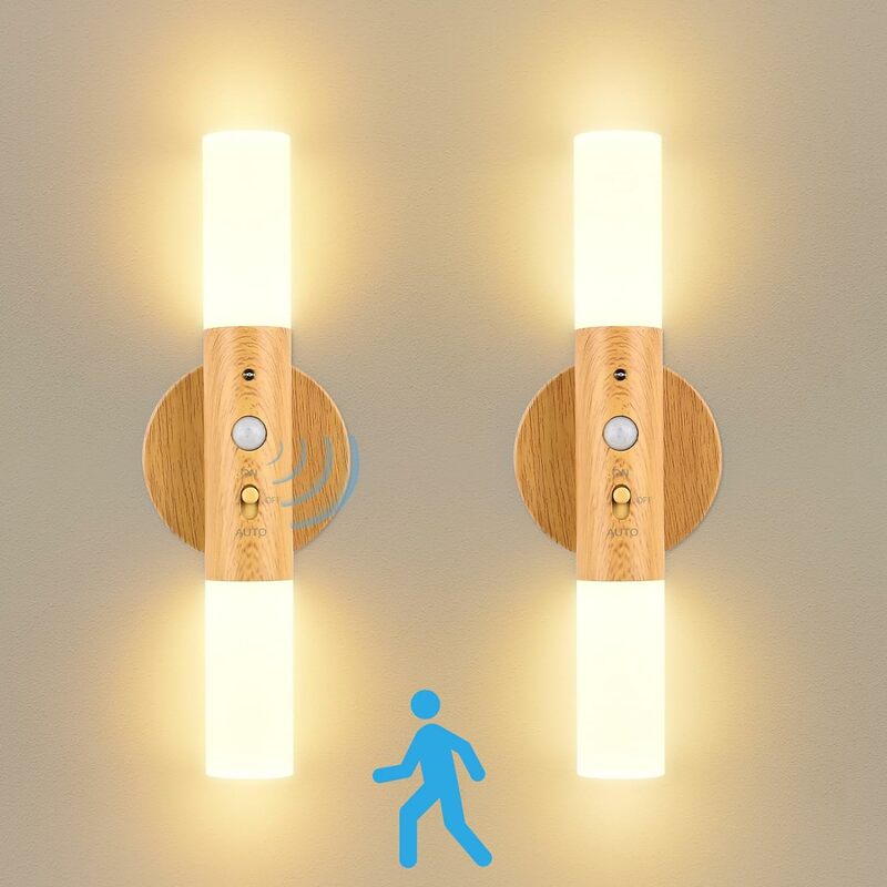 مصباح ليلي يعمل بمستشعر الحركة ، USB قابل لإعادة الشحن ، مصباح حائط ليد خشبي لغرفة النوم ، ممر ، درج ، داخلي ، way ، عبوة 2