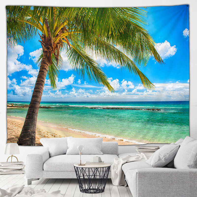 شاطئ المحيط شجرة جوز الهند في الهواء الطلق المناظر الطبيعية ، نسيج ، المناظر الطبيعية هاواي ، تعليق جدار السينما ، غرفة المعيشة جدارية ديكور الفن