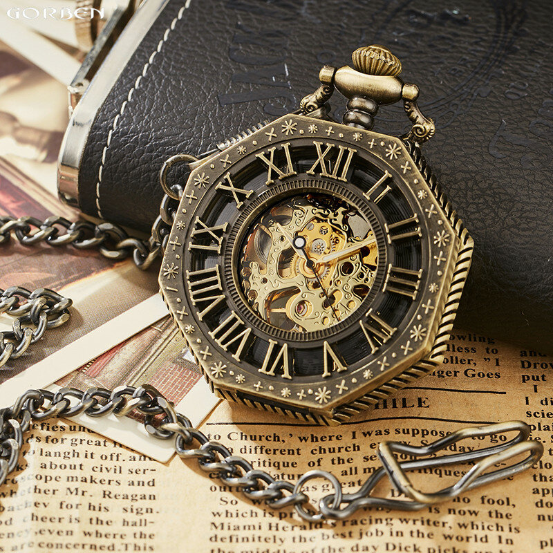 الكلاسيكية سداسية الميكانيكية ساعة الجيب فوب سلسلة Steampunk الأرقام الرومانية الطلب الهيكل العظمي الذهبي الجوف الصلب رجالي ساعة الجيب