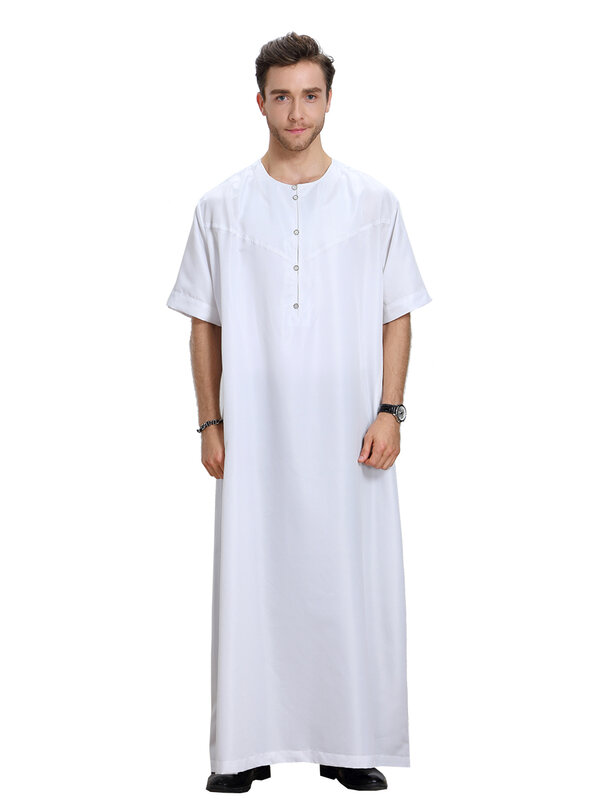 مسلم الرجال الصيف قصيرة الأكمام الياقة المستديرة زر رداء العربية الذكور الكبار الكاحل طول ثوب رمضان عيد الملابس