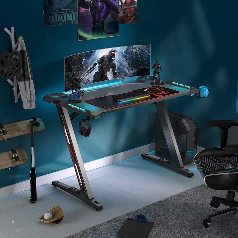 مكتب ألعاب مريح من EUREKA مع مصابيح ليد ، طاولات ألعاب ، حامل تحكم ، مكاتب منزلية ومكتبية ، في المنزل والمكتب