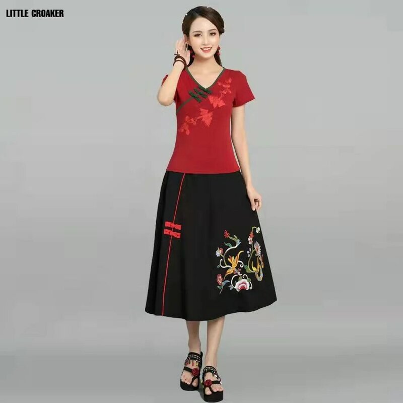 القطن الكتان التقليدية الصينية Vintage شيونغسام القمم التطريز النساء س الرقبة فضفاضة نمط الملابس الرجعية تنورة وتتسابق