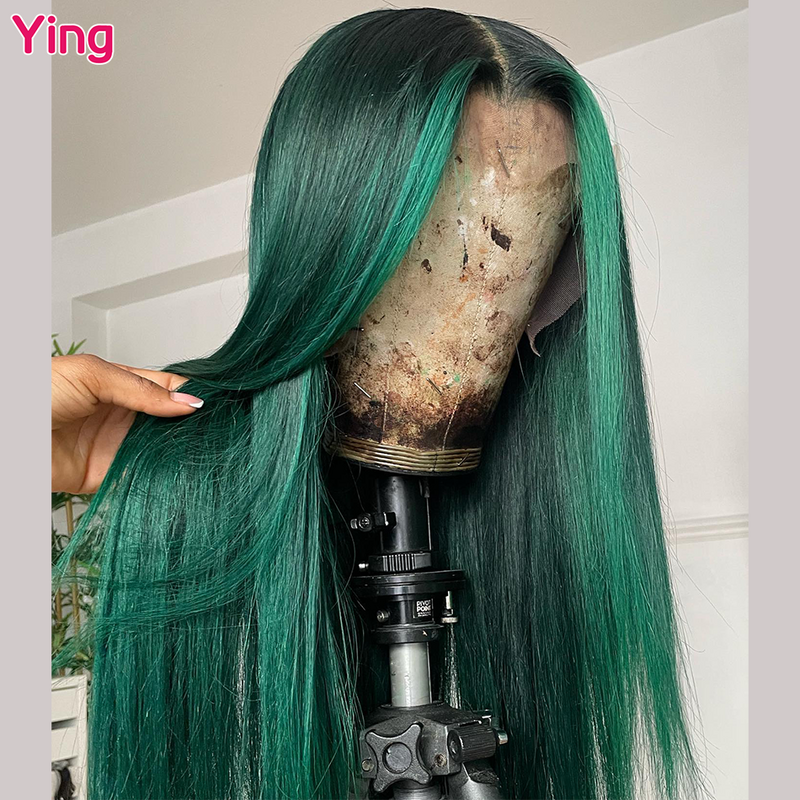 شعر مستعار أمامي شفاف مفرود من العظام ، قبل التقاط شعر الطفل يينغ ، ملون أخضر زمردي ، 200% مستقيم ، 13x6 ، 13x4