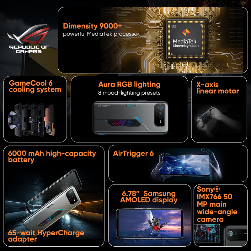 هاتف محمول ASUS-ROG 6D سريع الشحن ، MediaTek أبعاد 9000 + 165Hz شاشة رياضية إلكترونية ، بطارية 6000mAh ، 65 واط