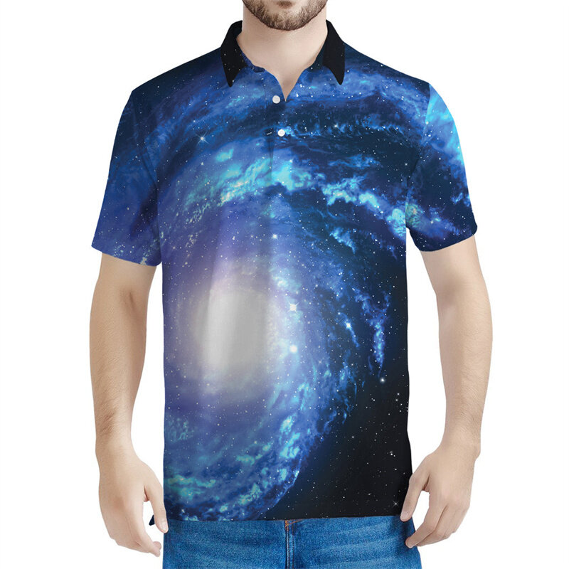 قميص بولو مجرة للرجال ، تيشيرتات فضائية بطباعة ثلاثية الأبعاد ، تيشيرت بأزرار غير رسمية ، أكمام قصيرة لطية صدر السترة ، الموضة