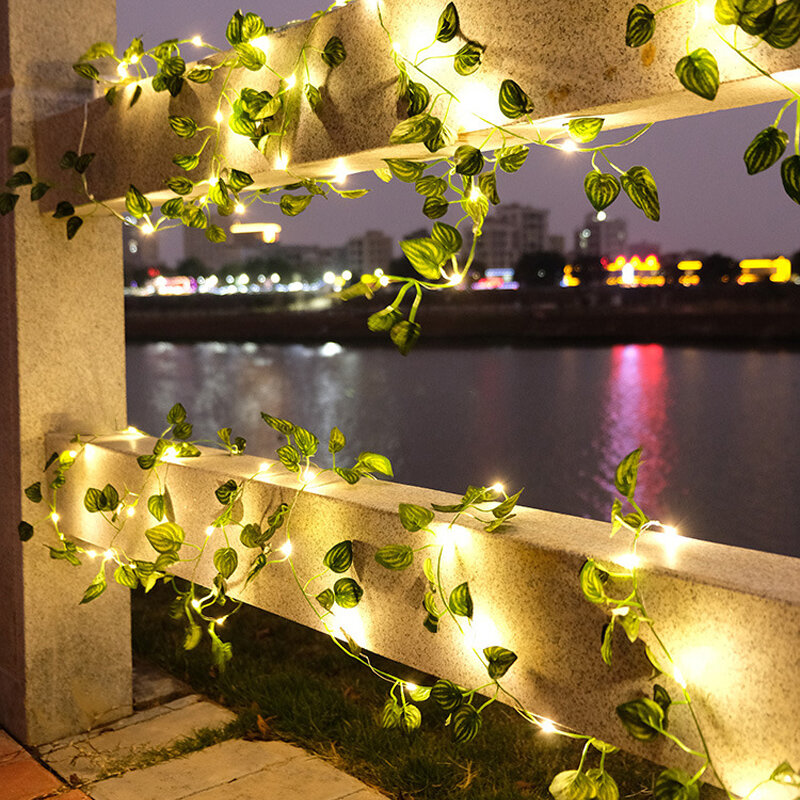 2 متر أضواء سلسلة أوراق خضراء تعمل بالطاقة الشمسية/بطارية تعمل بالطاقة الكرمة الاصطناعية الجنية أضواء شجرة عيد الميلاد جارلاند مصباح حديقة ديكور المنزل