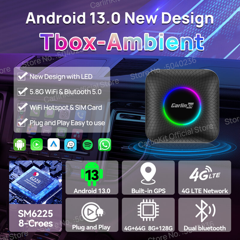 2024 CarlinKit CarPlay AI Box Android 13 QCM6225 8-Core Android Auto Wireless CarPlay محول WiFi 4GLTE Connect GPS 64G 128G FOTA ترقية لسيارات CarPlay السلكية