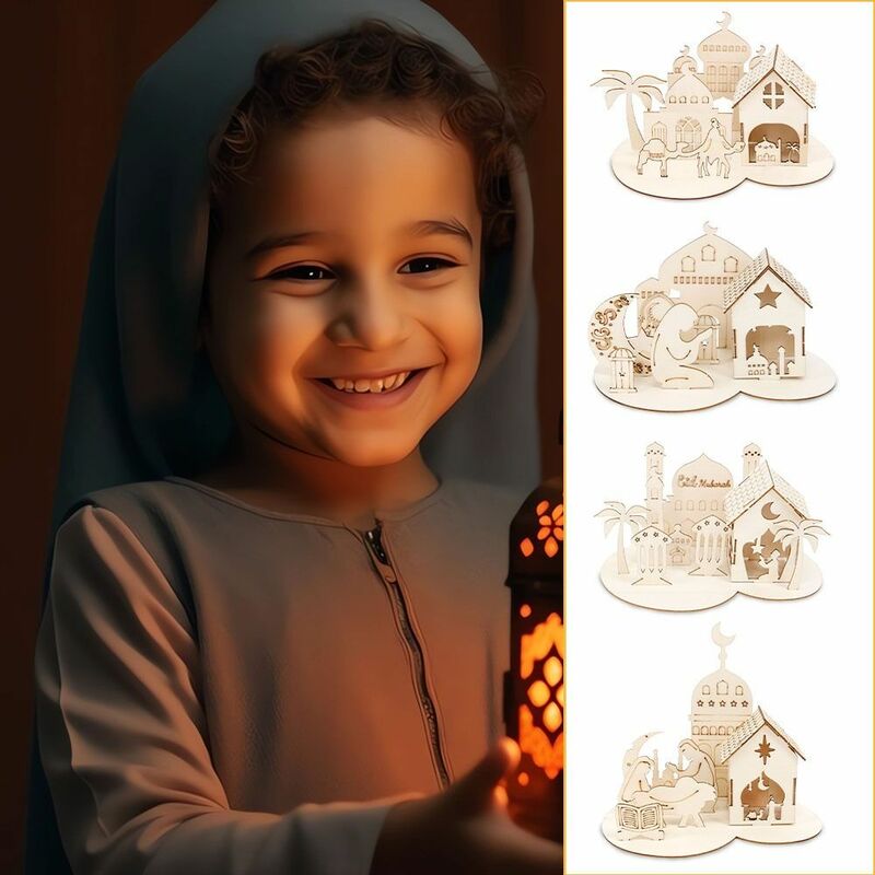 زينة قلعة خشبية ، زخارف طاولة رمضان القابلة للإزالة ، عيد مبارك ، جو ثلاثي الأبعاد مصنوع يدويًا