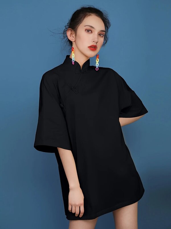 الرجعية تانغ دعوى فستان صيني للنساء ، Vintage ، الصلبة ، قصيرة الأكمام ، التلبيب ، فساتين فضفاضة ، الملابس النسائية