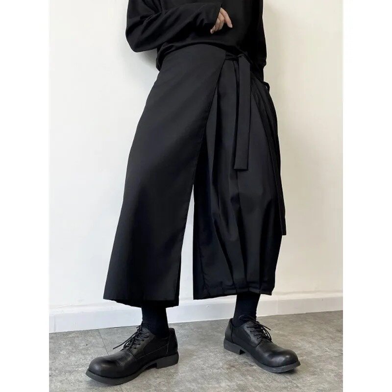 ديبتاون-بنطلون تنورة سوداء فضفاضة قوطية للنساء والرجال ، مطوي ، مستقيم ، ساق واسعة ، ياباني ، بنطلون هاراجوكو ، طراز كوري ، كاجوال