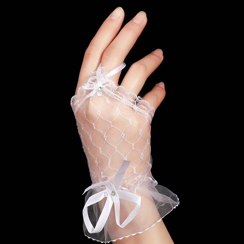 1 زوج النساء الدانتيل شبكة أصابع قفازات الزفاف قصيرة صافي تول الدانتيل جوفاء خارج تنفس موضة قفازات ربطة القوس Gloves قفازات