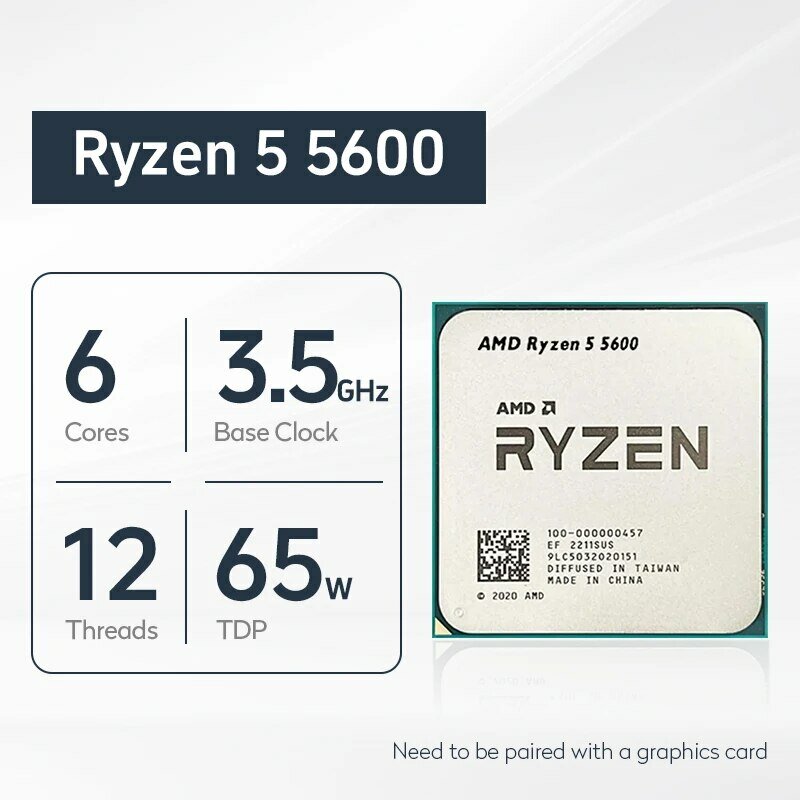 معالج سطح المكتب AMD Ryzen بدون مبرد ، مقبس ، وحدة معالجة مركزية ، 5 ، شو ، 6 أنوية ، 12 خيط ، 47 GHz ، DDR4 ، 65W