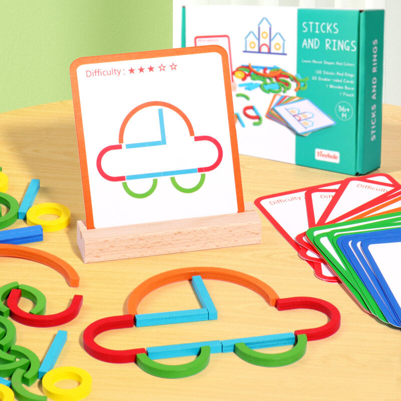 لغز العصي والخواتم الإبداعية الخشبية ، لعبة الذكاء ، ألعاب تعليمية مونتيسوري في مرحلة الطفولة المبكرة للأطفال بعمر 3 سنوات