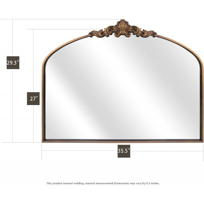 مرآة باروك كلاسيكية مقوسة ، مرآة نحاسية عتيقة للمدخل ، مدفأة ، غرفة معيشة ، ممر ، خفاش ، ذهبي ، تقليدي ، مزخرف