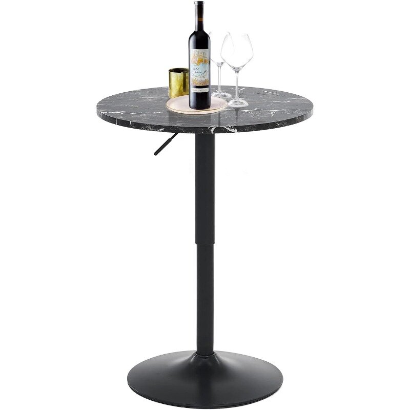 طاولة بار مستديرة مع طاولة قابلة للتعديل ، قمة MDF ، دعامة القطب المعدني الفضي وقاعدة ، بيسترو وطاولة حانة ، 23.62"