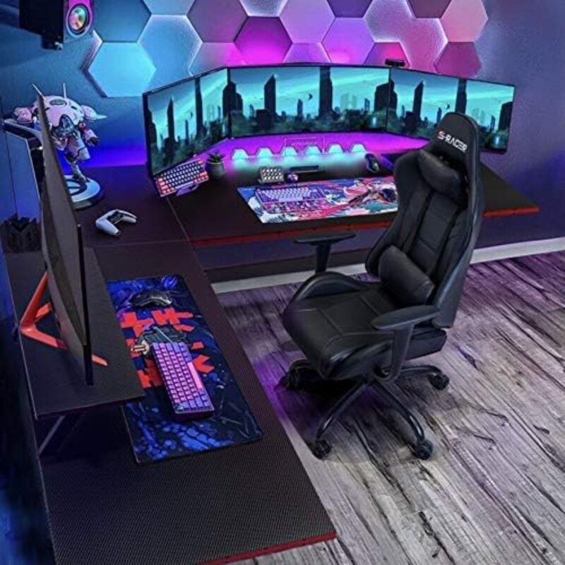 مكتب ألعاب على شكل حرف L ، زاوية الكمبيوتر ، مكتب ألعاب الكمبيوتر ، طاولة مع حامل شاشة كبير الناهض