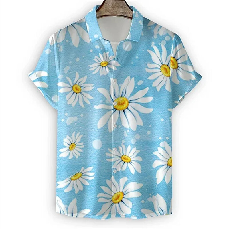 أقحوان للرجال قميص هاواي مطبوع ثلاثي الأبعاد ، قمصان شاطئ كاجوال بأكمام قصيرة ، بلوزة بصف صدر واحد ، ملابس رجالية ، موضة