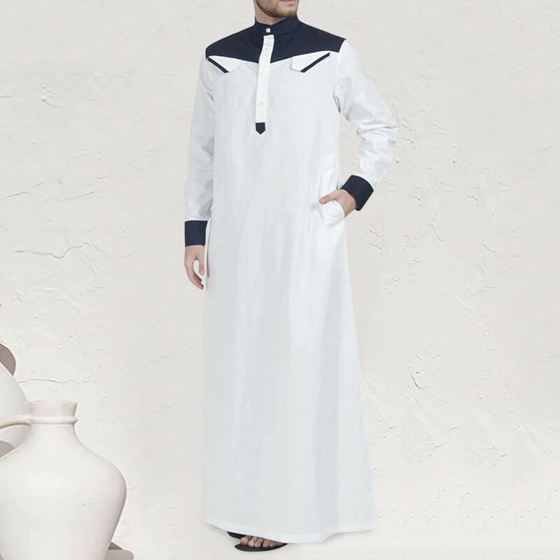 ملابس إسلامية تقليدية للرجال ، رداء بأكمام طويلة ، نصف سحاب ، الشرق الأوسط ، زر جيب ، أثداء الجبة